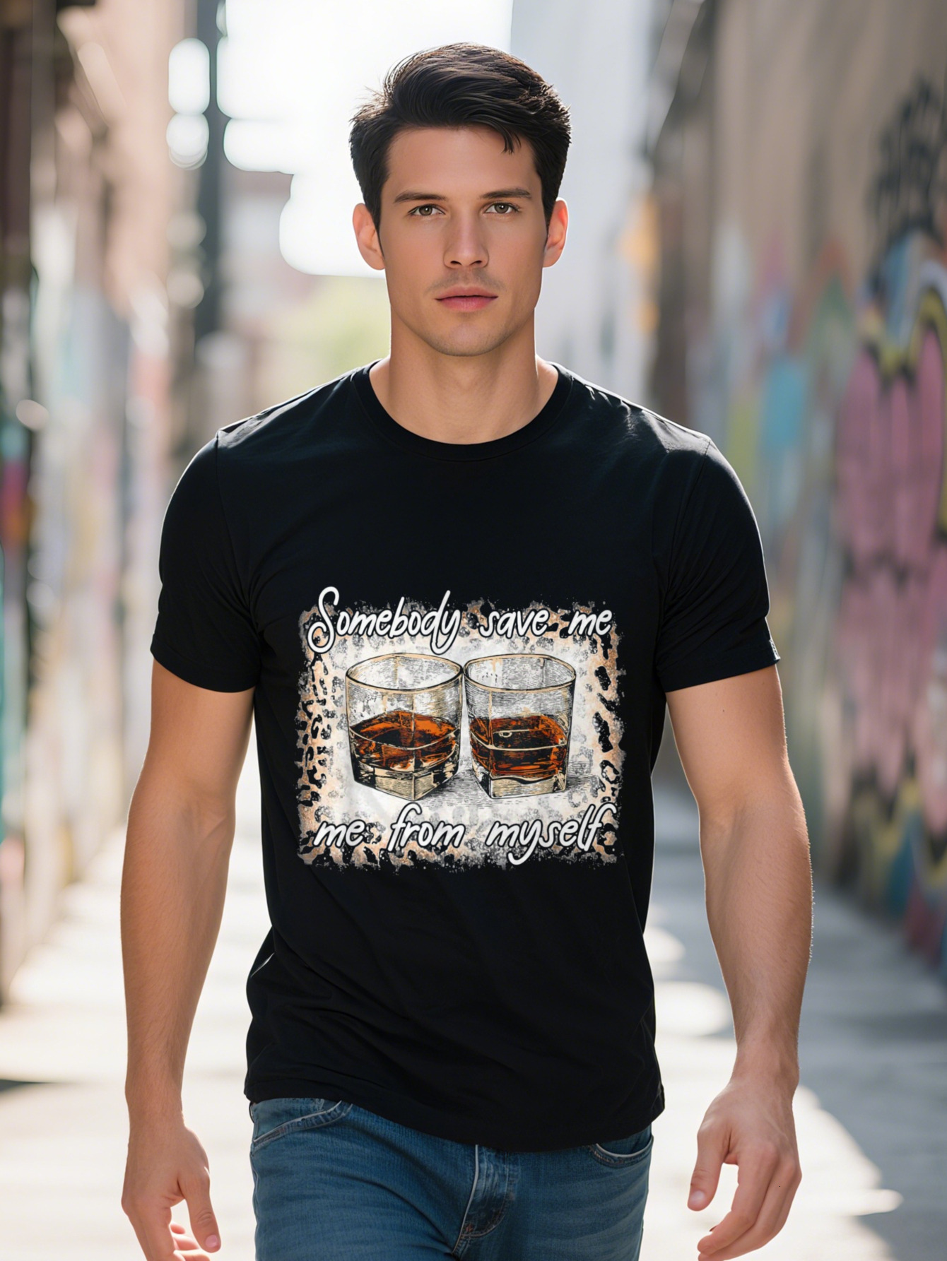 Men s Cotton Graphic T-Shirt Somebody Save Me Country Music Leopard Print Black Casual Short Sleeve Tee for