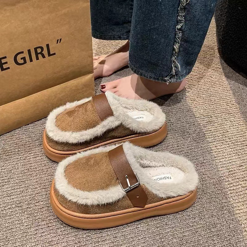 Women's new Autumn and Winter Furry Slippers with Thick Soles Soft Furry Enclosed Toes Popular among Internet Influencers Stylish Cotton Slippers