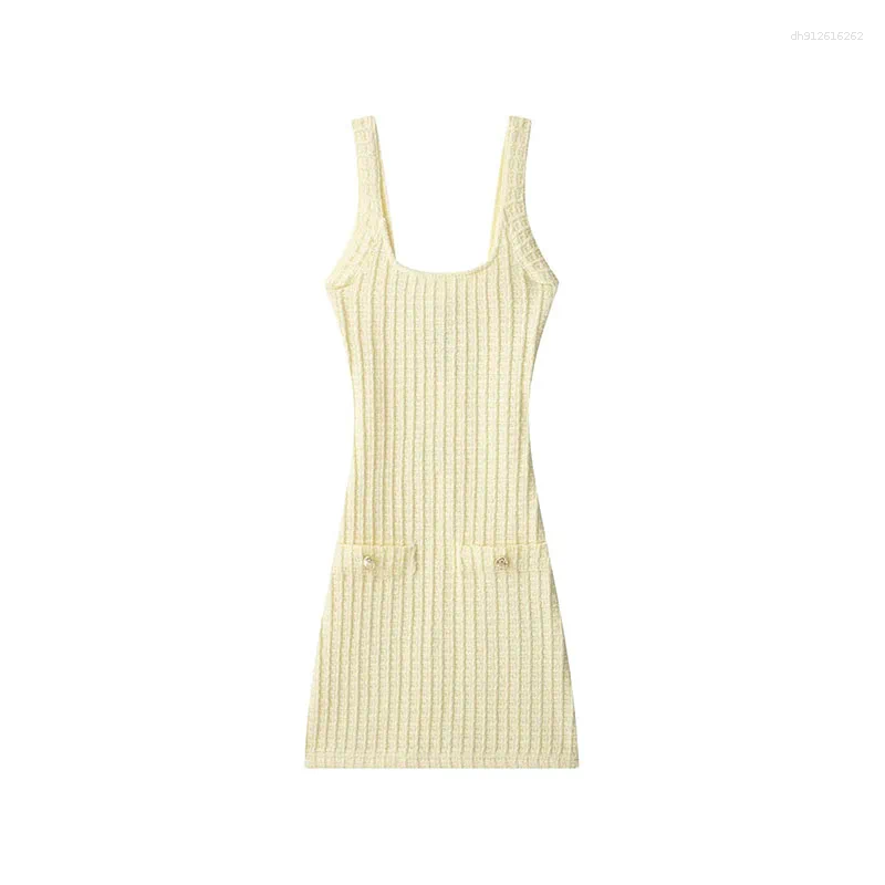 Casual Dresses Butter Yellow Knitted Tweed Short Dress Women Y2K Square Collar Backless Sleeveless Bodycon Sundress Chic Lady Holiday