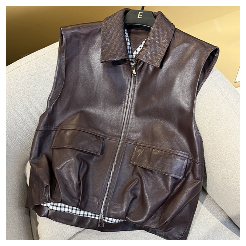 Genuine leather sheepskin woven collar, contrasting plaid lining, leather vest, camisole jacket for casual women
