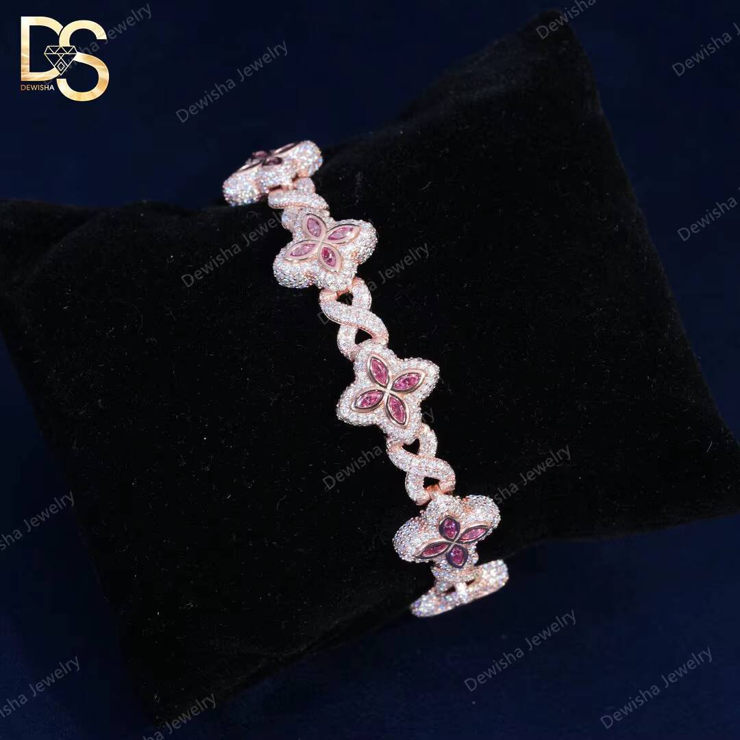 Hip Hop Jewelry 15mm Marquise Flower Design Iced Out Unisex Moissanite Cuban Link Chain 925 Silver Moissanite Bracelet