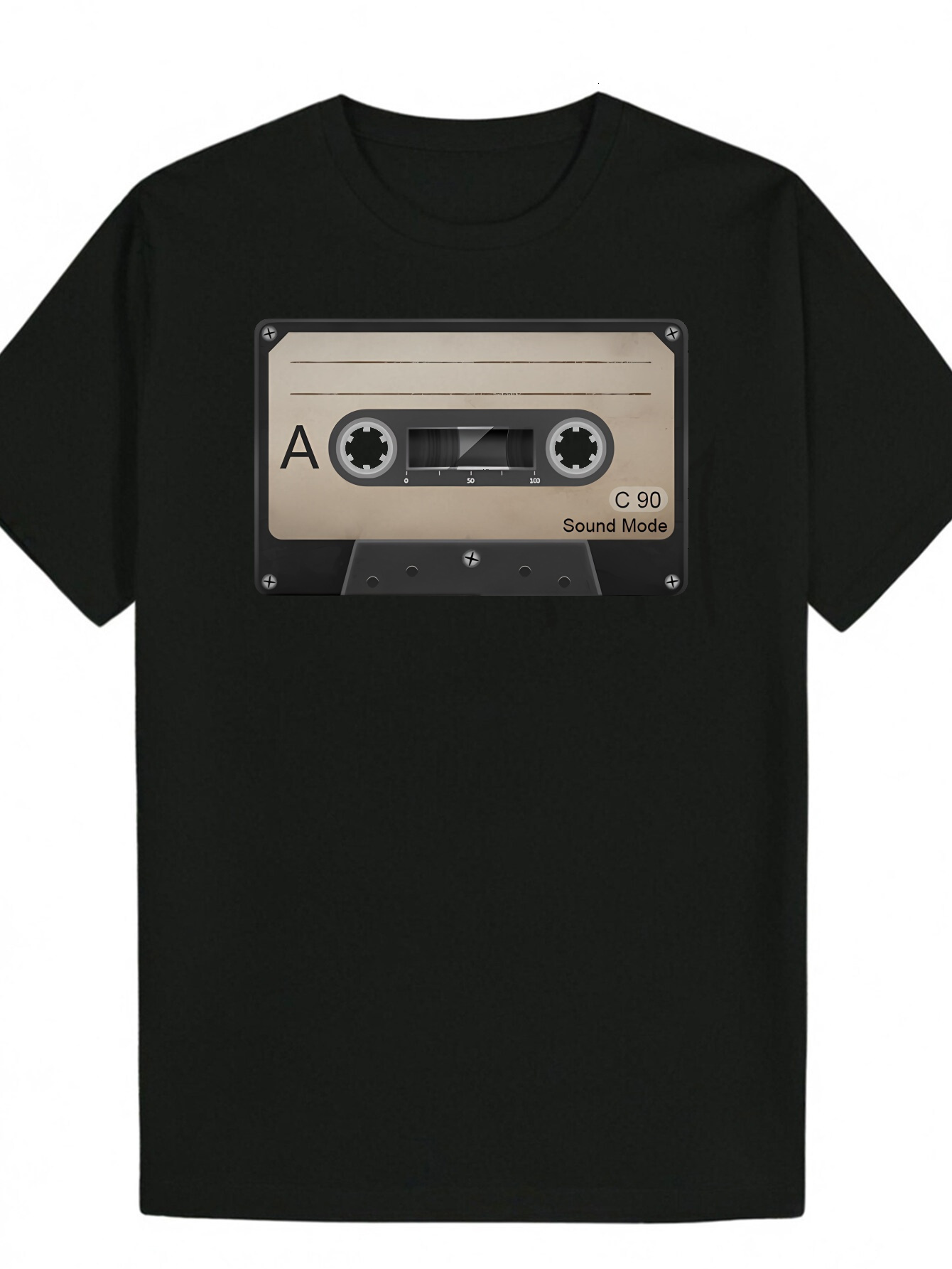 Men's Round Neck Polyester Cassette Tape Design, Regular Fit, Slightly Elastic Fabric, Short Sleeve T-Shirt, Summer Casual Wear Music Theme | Pat