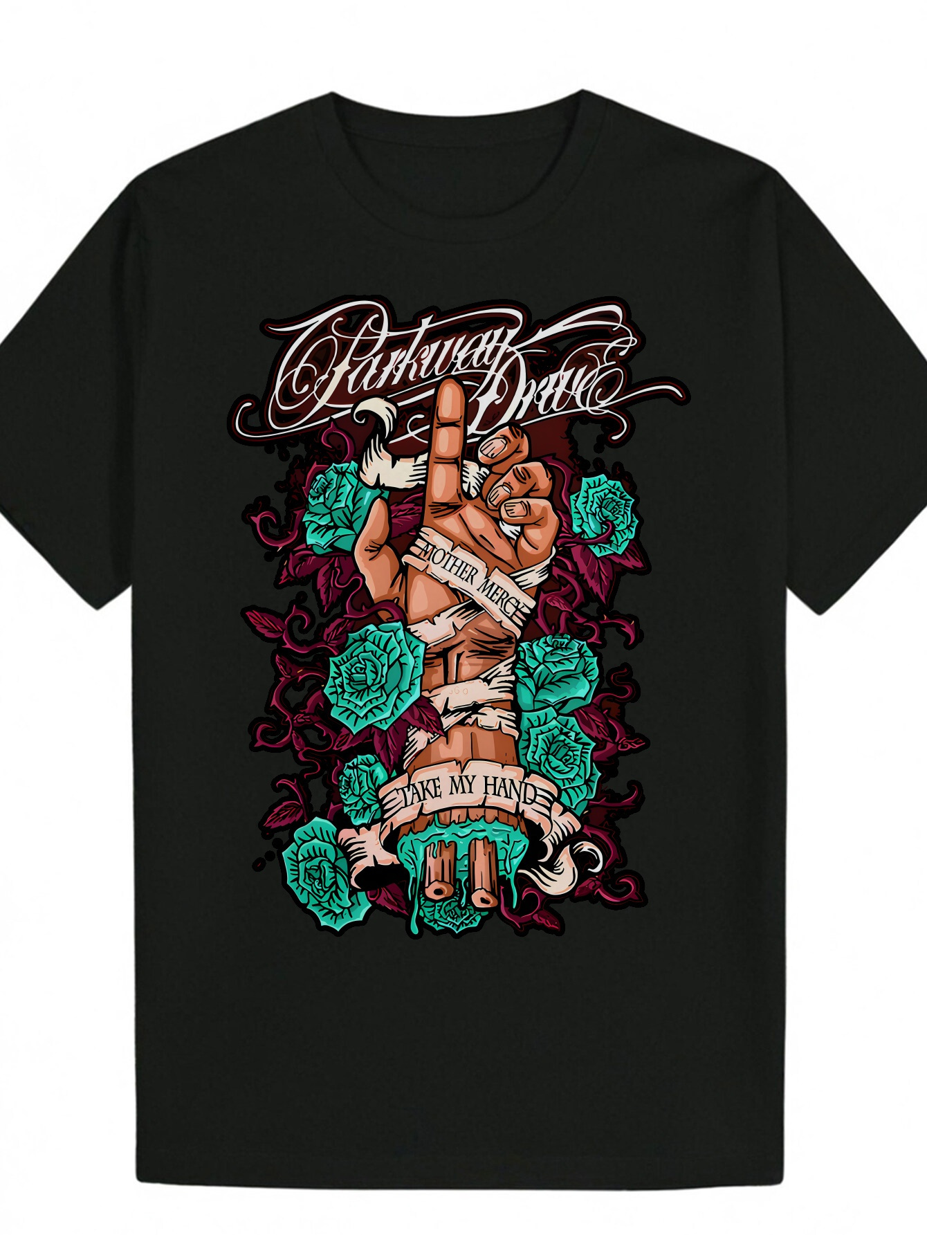Men's Round Neck T-Shirt with Galaxy - "Holding My Hand" Design, Black Polyester, Summer Style, Casual Wear Pattern T-shirt | Polyester
