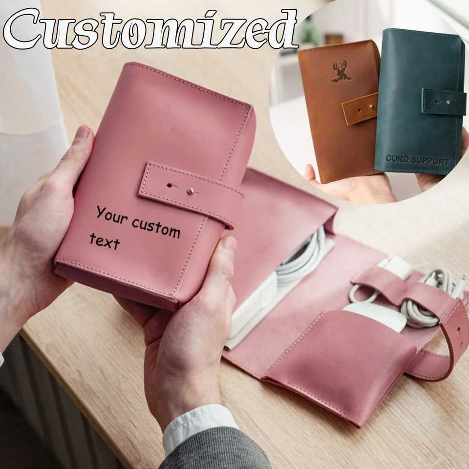 Personalized PU Leather Travel Headset Data Cable Storage Bag Custom Name Data Wire Protective Cover Shockproof Large Capacity G250802
