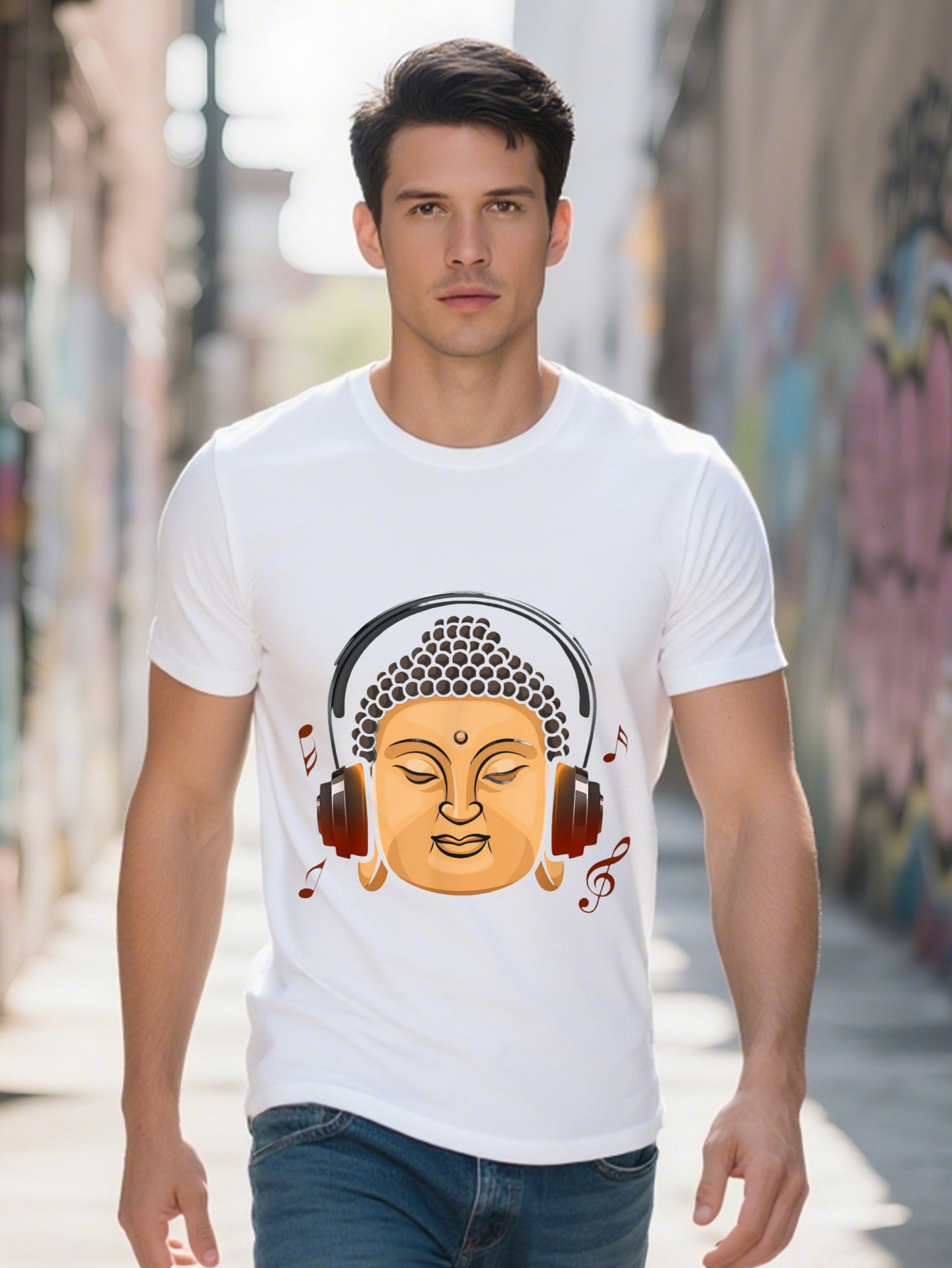 Vintage Buddha with Headphones Graphic Cotton Short S Round Neck Black T Shirt for Casual e0019