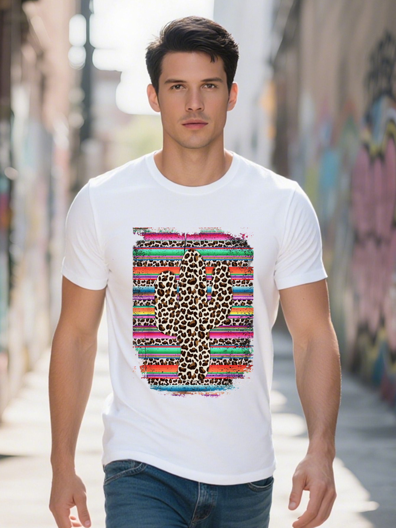 Men's Pink Cotton T-Shirt with Western Serape Cactus Leopard Print Short Sleeve Round Neck d25f8