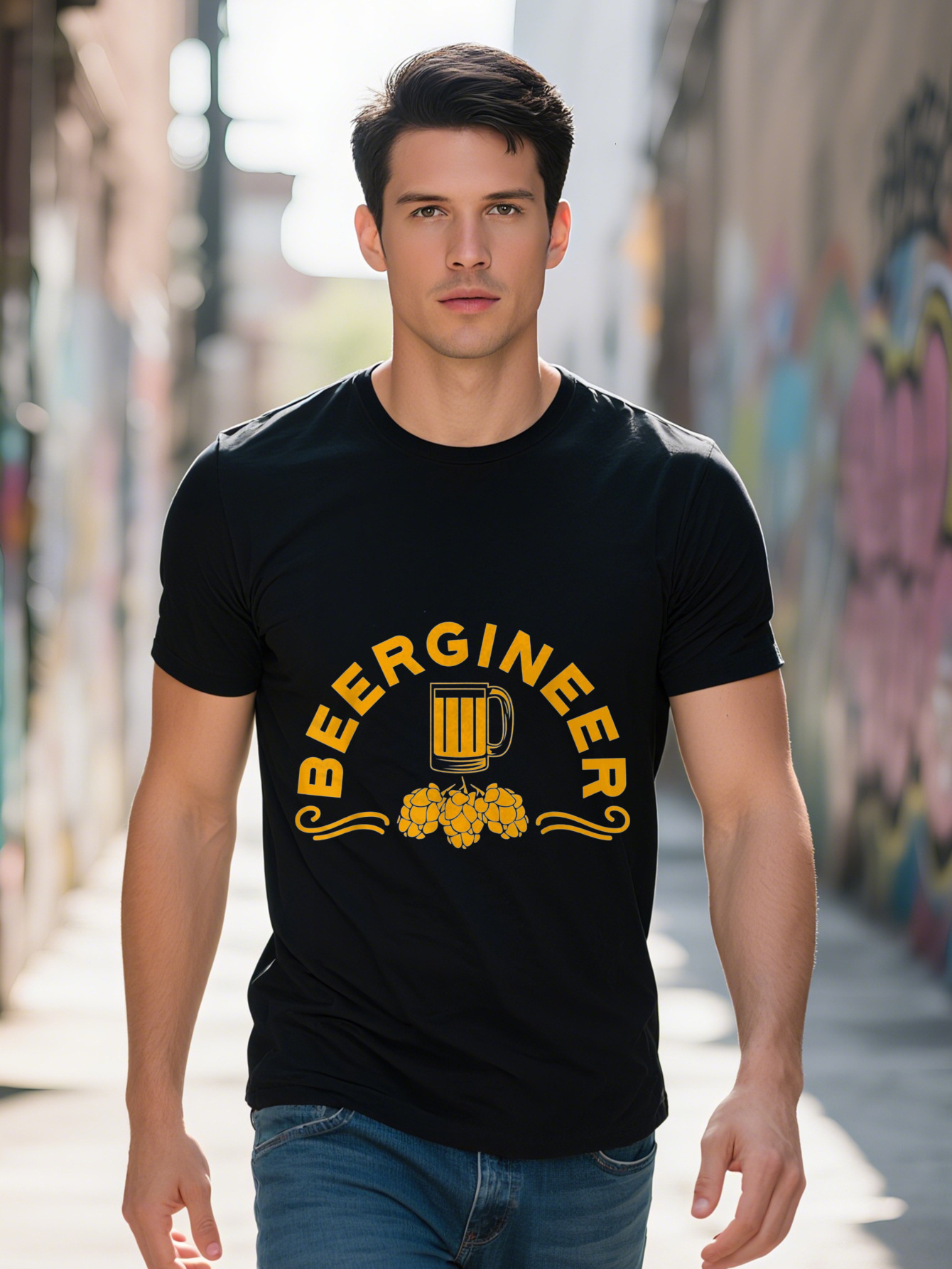 Men s Engineer T Shirt Cotton Black with Yellow Mug Hops Design Casual Homebrew Gift for Craft Beer Brewers 10e87 dee8d