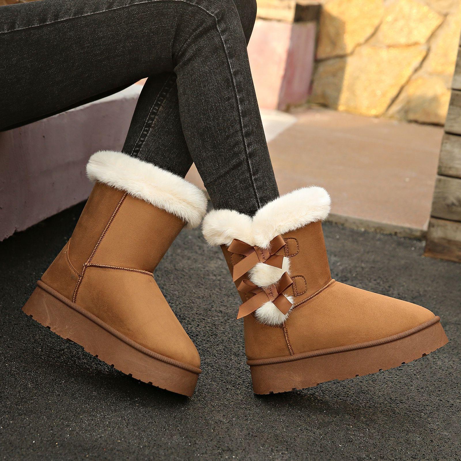 Fleece - Lined and Thickened Snow Boots with Slip - On Design New Winter 2025 Model Thick Sole Furry Opening Bow - Knot Warm and Available in Large Si