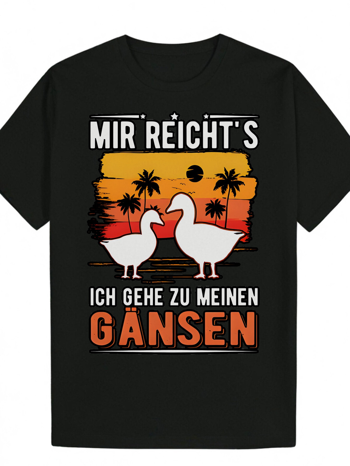 Men's Summer Short Sleeve T-Shirt - Black Tropical Sunset Cartoon Duck Pattern with German Text, 100% Polyester, Machine Washable, Suitable for O