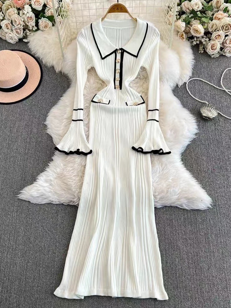 French Style Socialite Hot Girl Style Autumn Winter New Elegant Niche Long Collar Knitted Dress for Women 240824