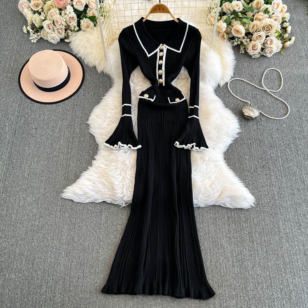 French Style Socialite Hot Girl Style Autumn Winter New Elegant Niche Long Collar Knitted Dress for Women 240824