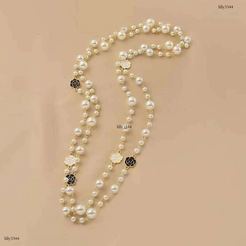 DHcollections NK-123 Oil Drip Rose Flower Style Pearl Layerable Long Sweater Chain Necklace Jewelry Wholesale