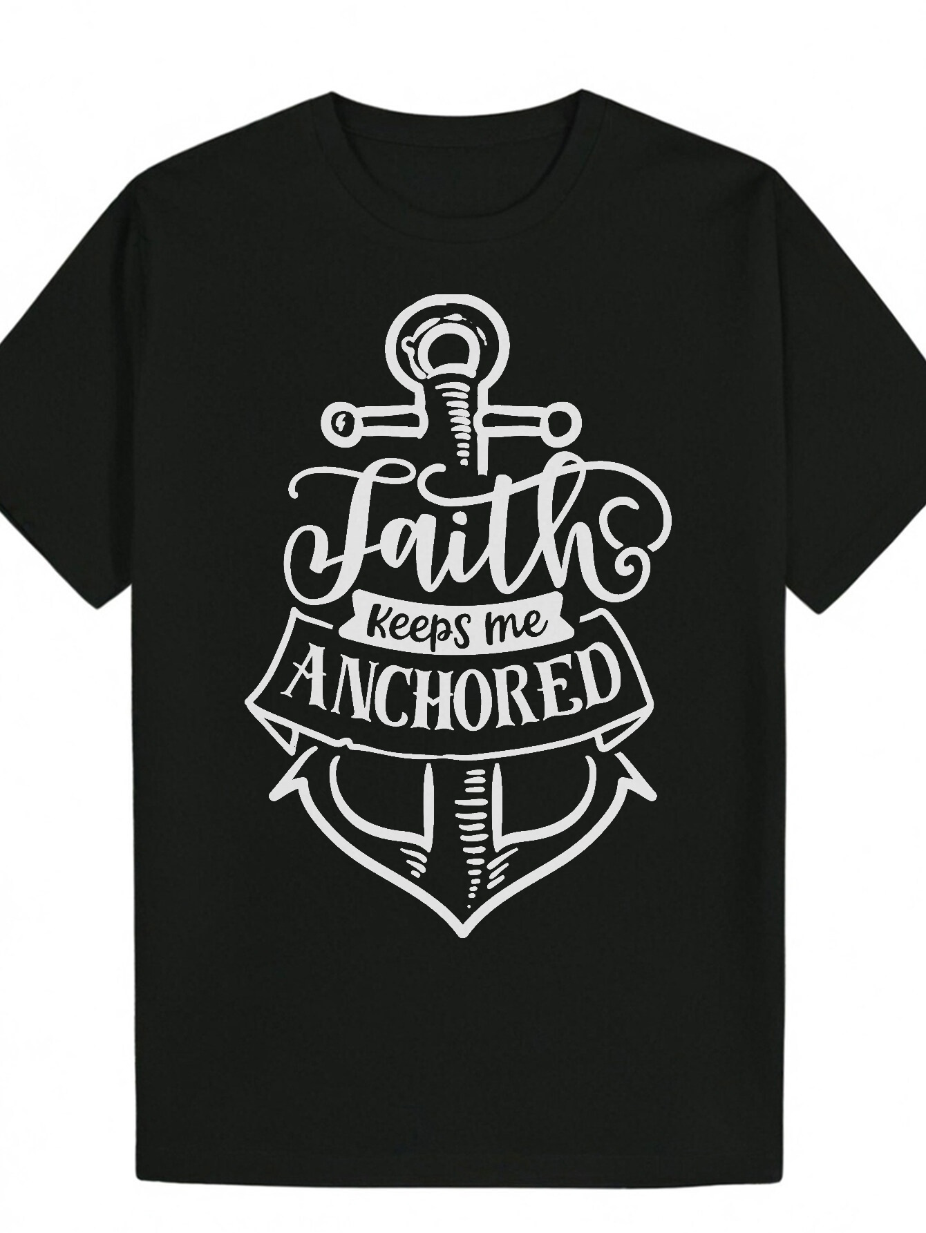 Men's 'Faith Anchors Me' - Black Summer with Cross Sword Design, Crew Neck, Short Sleeve, Polyester Fabric, Casual Wear Bold Graphic T-