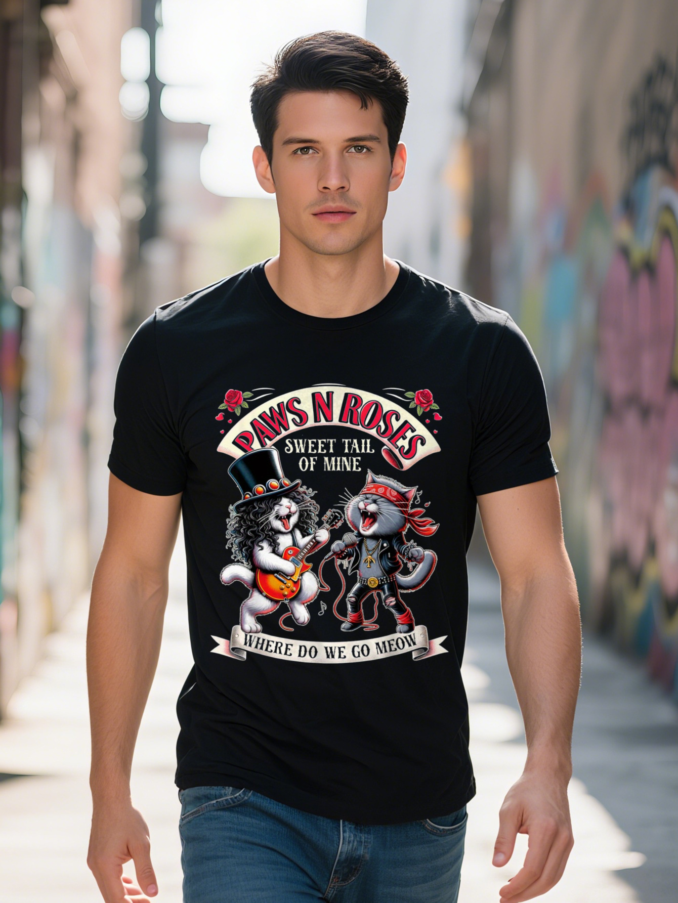 Funny Rock Cats Playing Guitar Graphic T Shirt PAWS N ROSES Sweet Tail of Mine Design Cotton Breathable Short ca9ef