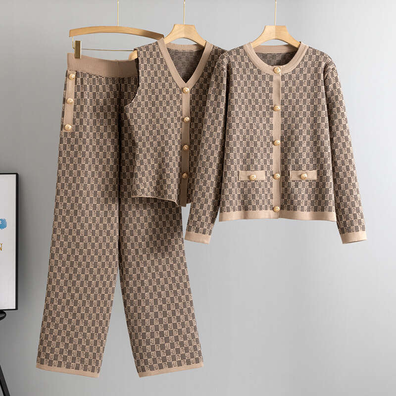 Women's Spring And Autumn Little Chanel Style Sleeveless Vest Cardigan Jacket Wide-Leg Pants Knitted Three-Piece Set