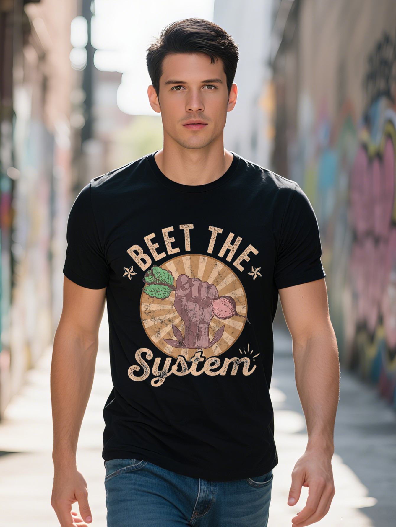 Beet the System Vegan Humor Graphic T-Shirt g Cotton Short Sleeve Tee with Cartoon Fist Leaf Design Regular 20c83