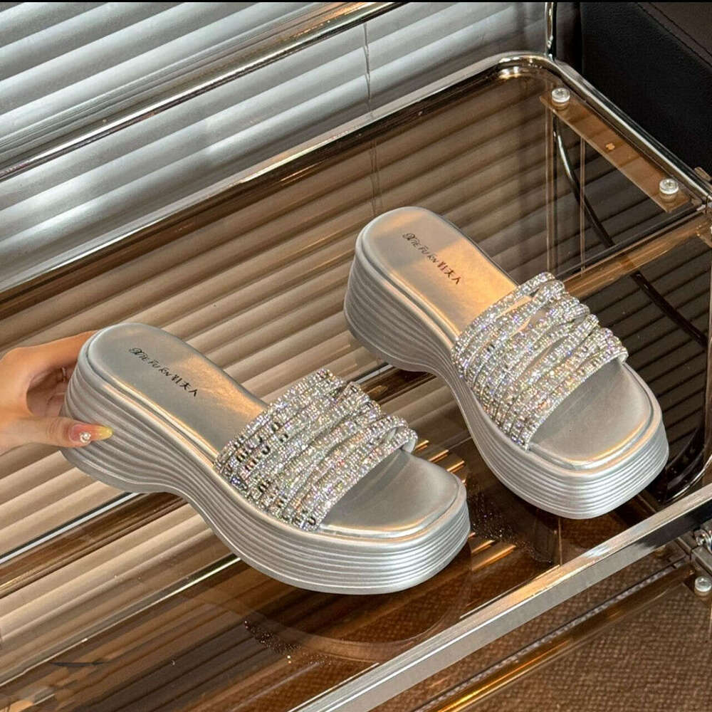 2025 New Trendy Summer Wedge Thick Sole Height Increasing Rhinestone designer shoes Slide Sandals for Outdoor Wear