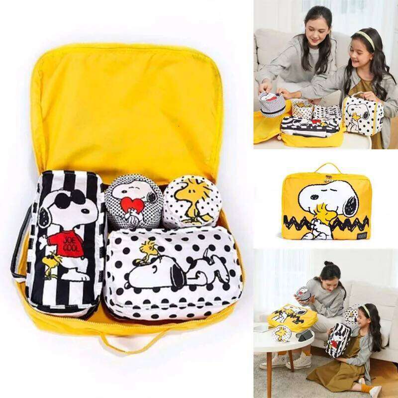 Cartoon Printed Polka Dot Dog Zipper Travel Storage Set Five Piece Yellow Cute Portable Toiletry Bag Gift