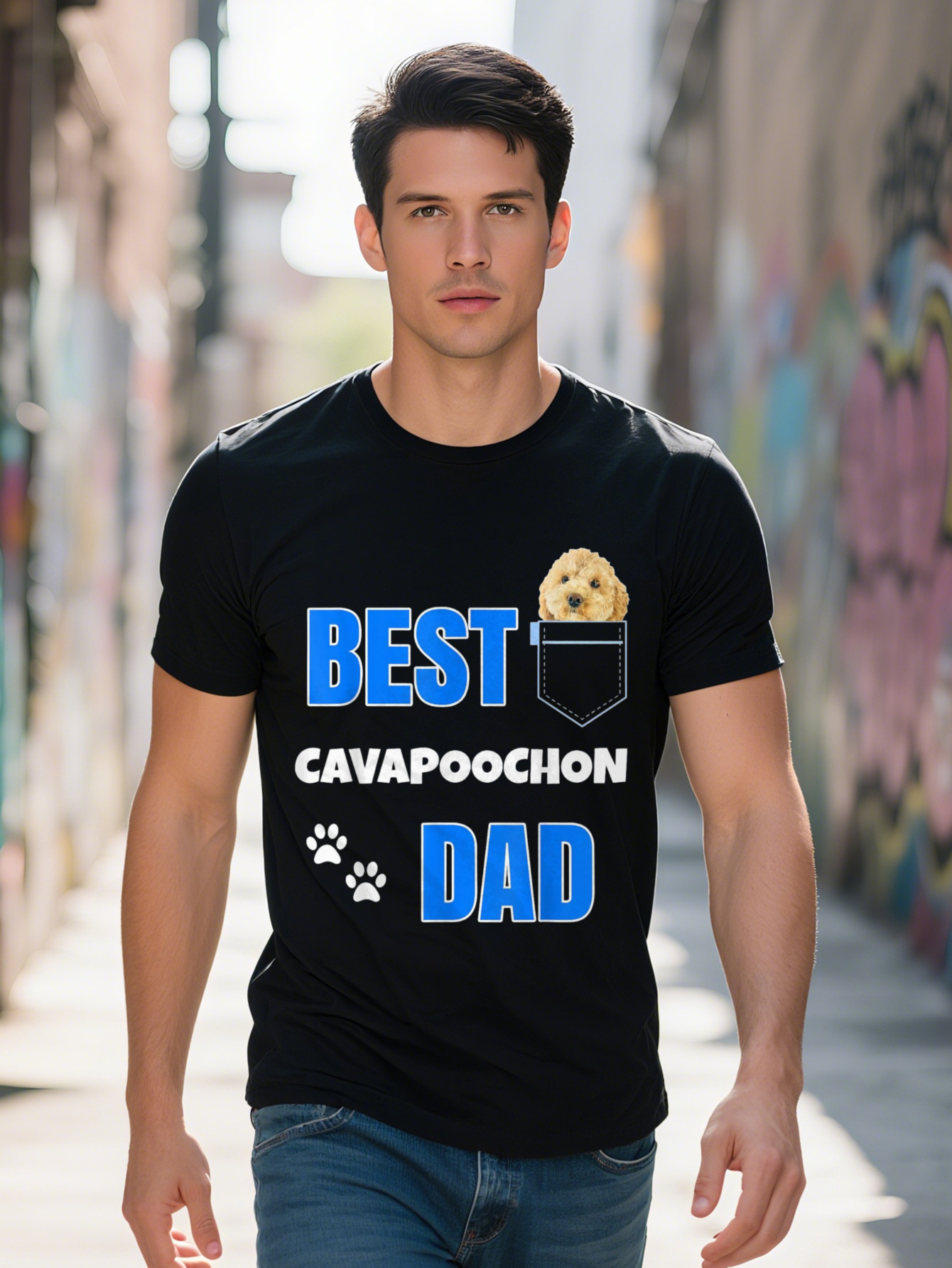 Men's T-shirt Cotton Cavapoochon with Pocket Puppy Dog Lover Cute Best Poodle Dad T Shirt