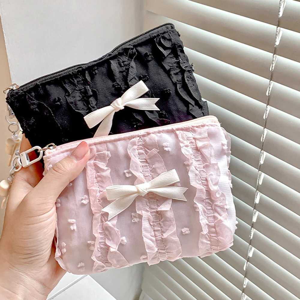 Cute Lace Bow Coin Purse Portable Cosmetic Storage Bag Womens Wallet Key Makeup Lipstick Pouch Headphone Organizer Clutch Bags G250802