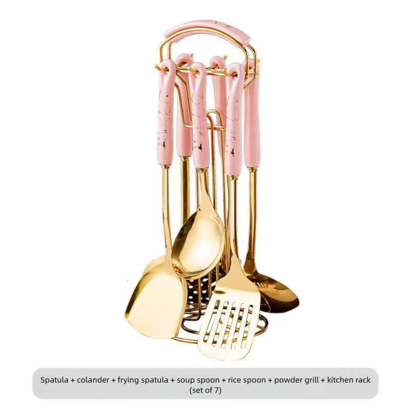 Stainless Steel Cooking Colander Ceramic Handle Stirring Spoon Household Kitchen Utensils Frying Spatula High Temperature Resistant Set