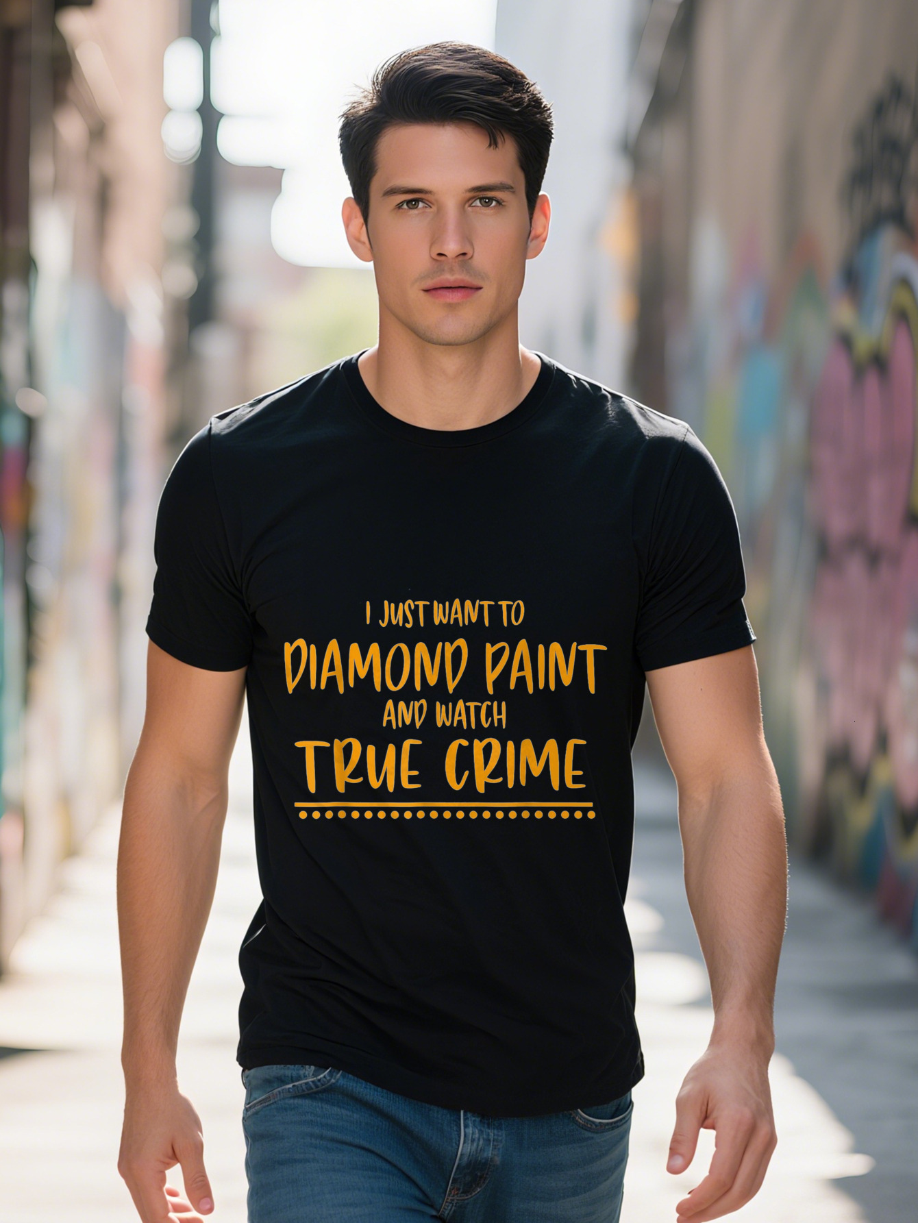 Men s Paint Crime Graphic T Shirt Cotton Short Sleeve Crew Neck Casual Fit, Washable Black with Bold f37a8