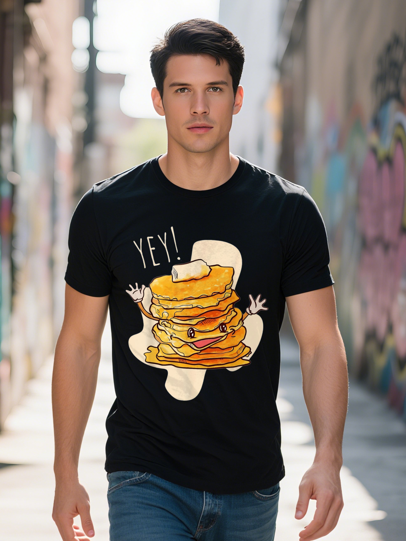 Men s Cotton T Shirt Funny Pancake Stack Cartoon Design YEAH Graphic Tee for Casual Outings Short Sleeve Black bac3b