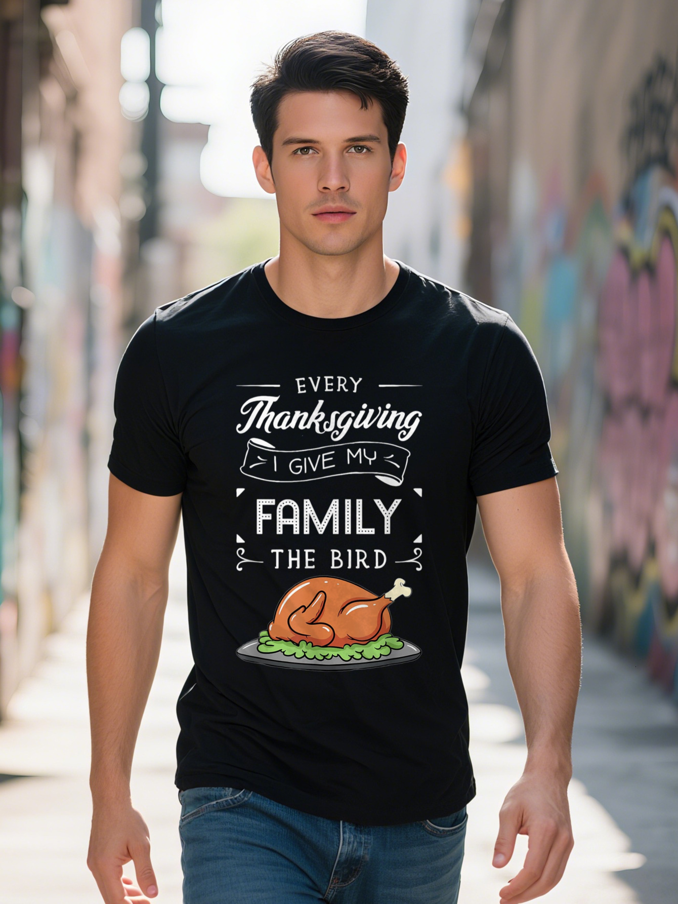 Men s Festive Graphic T Shirt Cotton Short Sleeve Crew Neck in Black Every I Give My Family the Bird Design e793a