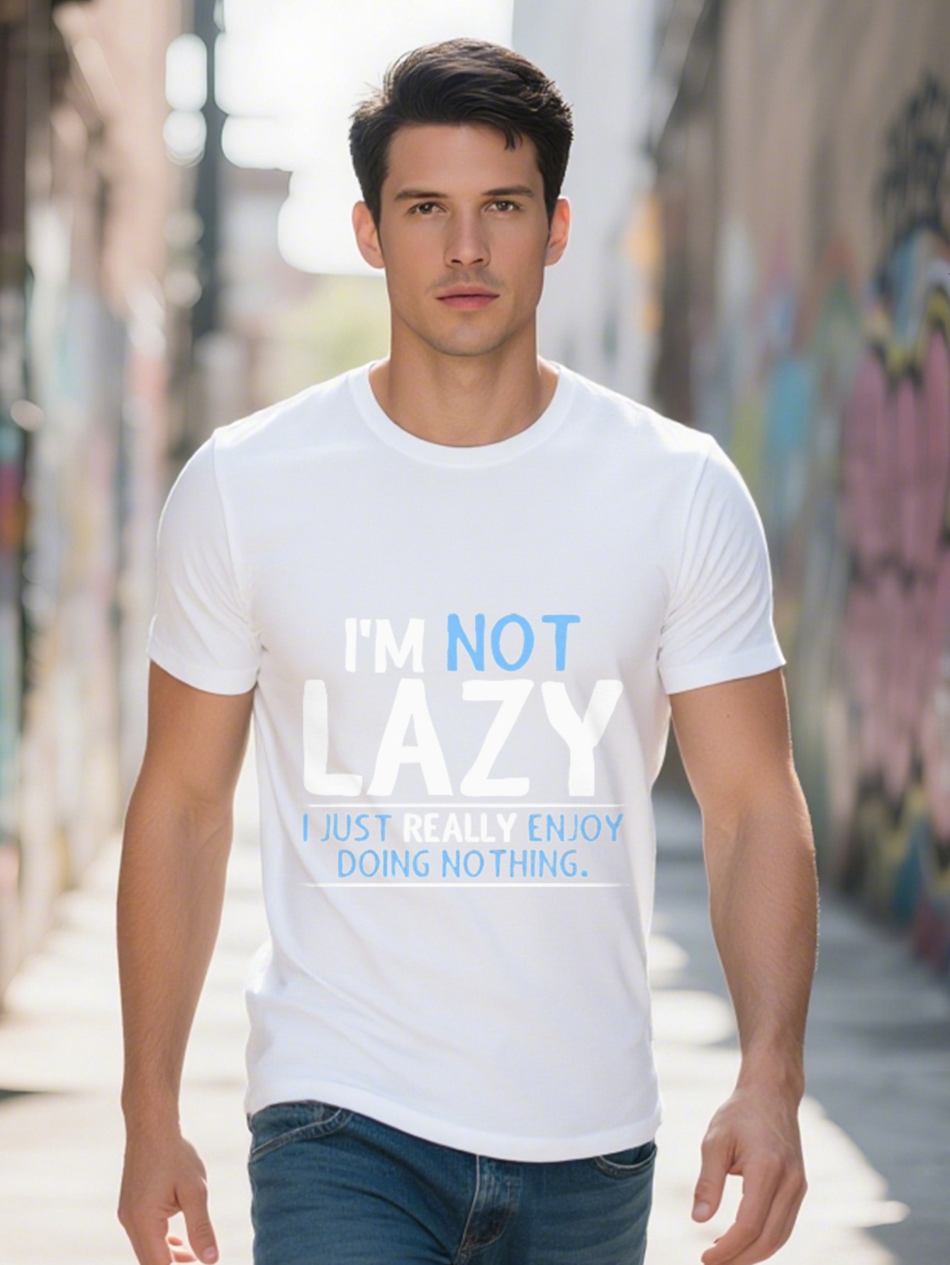 Funny Not Lazy Graphic T Shirt Men Cotton Short Sleeve Tee Sarcastic Message Black with Blue Lettering 8e8f0