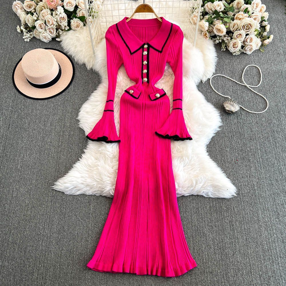 French Style Socialite Hot Girl Style Autumn Winter New Elegant Niche Long Collar Knitted Dress for Women 240824