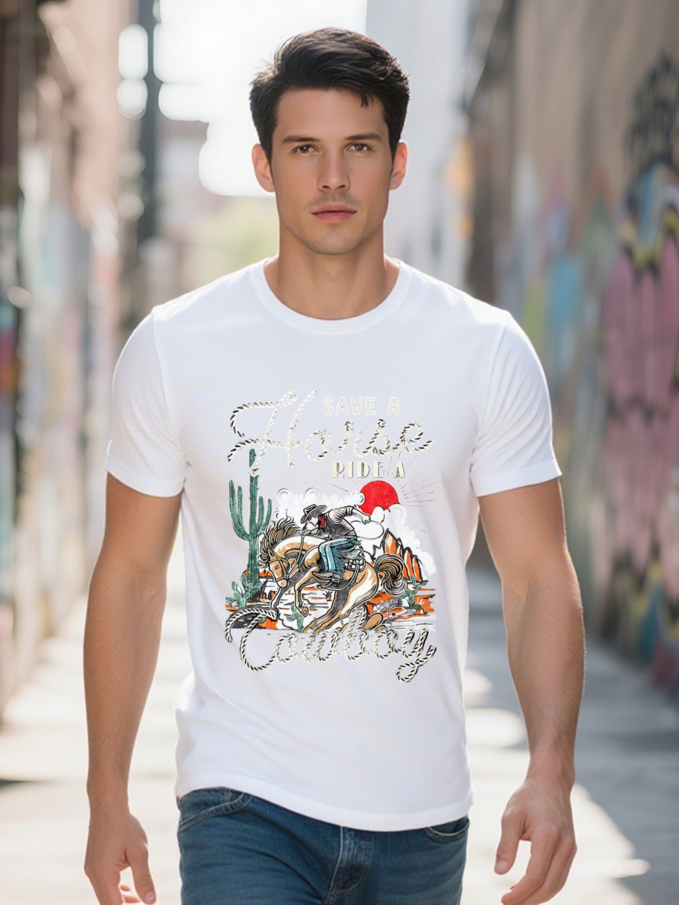 Men s Cotton Graphic T Shirt Save Horse Ride a Cowboy with Desert Cactus Mountain Scene Casual Western Style 0c71e