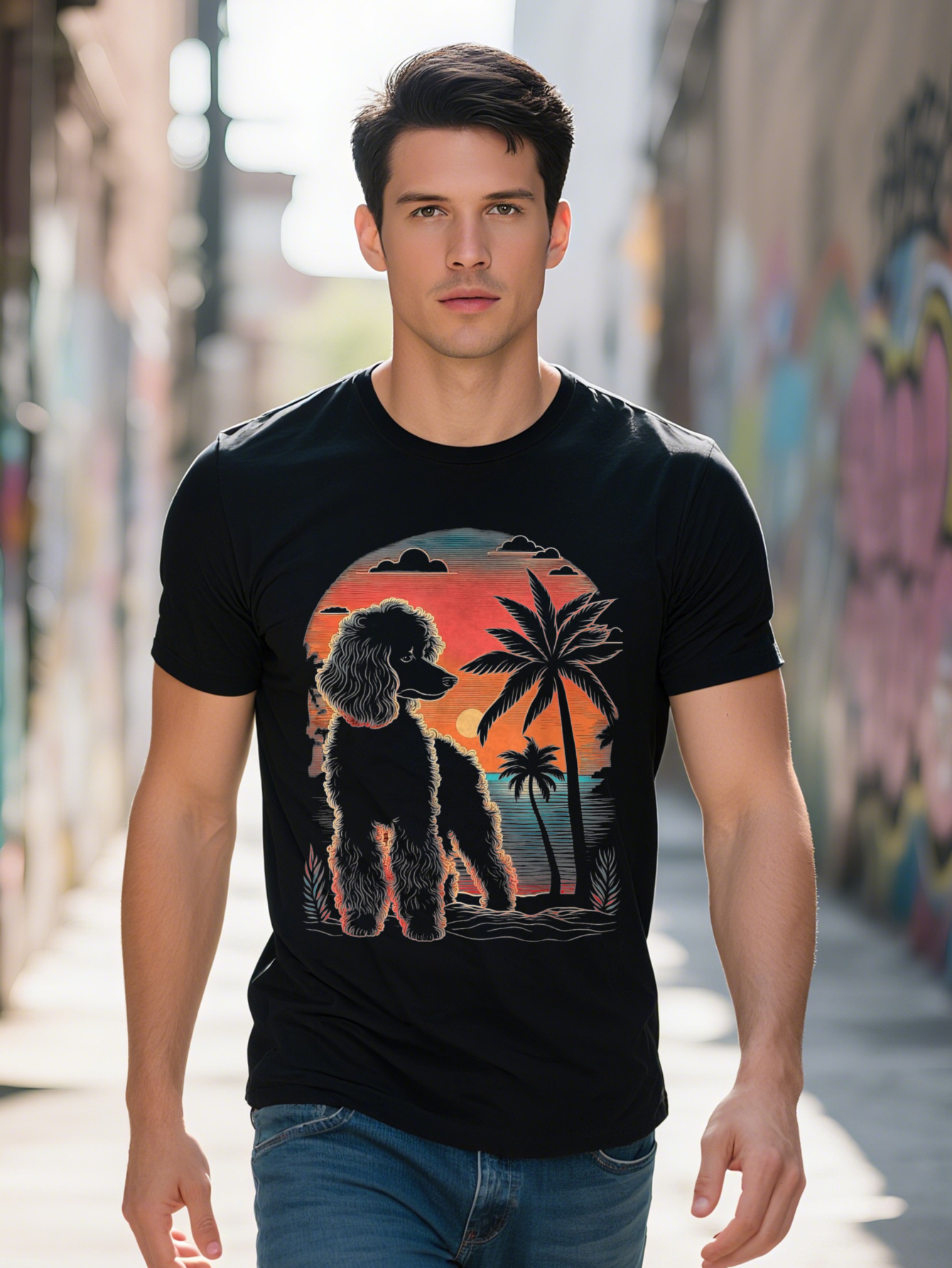 Men Vintage s Poodle Sunset T Shirt Cotton Retro Style Graphic Tee with Scene Black Casual Short Sleeve for 4c383 49c20