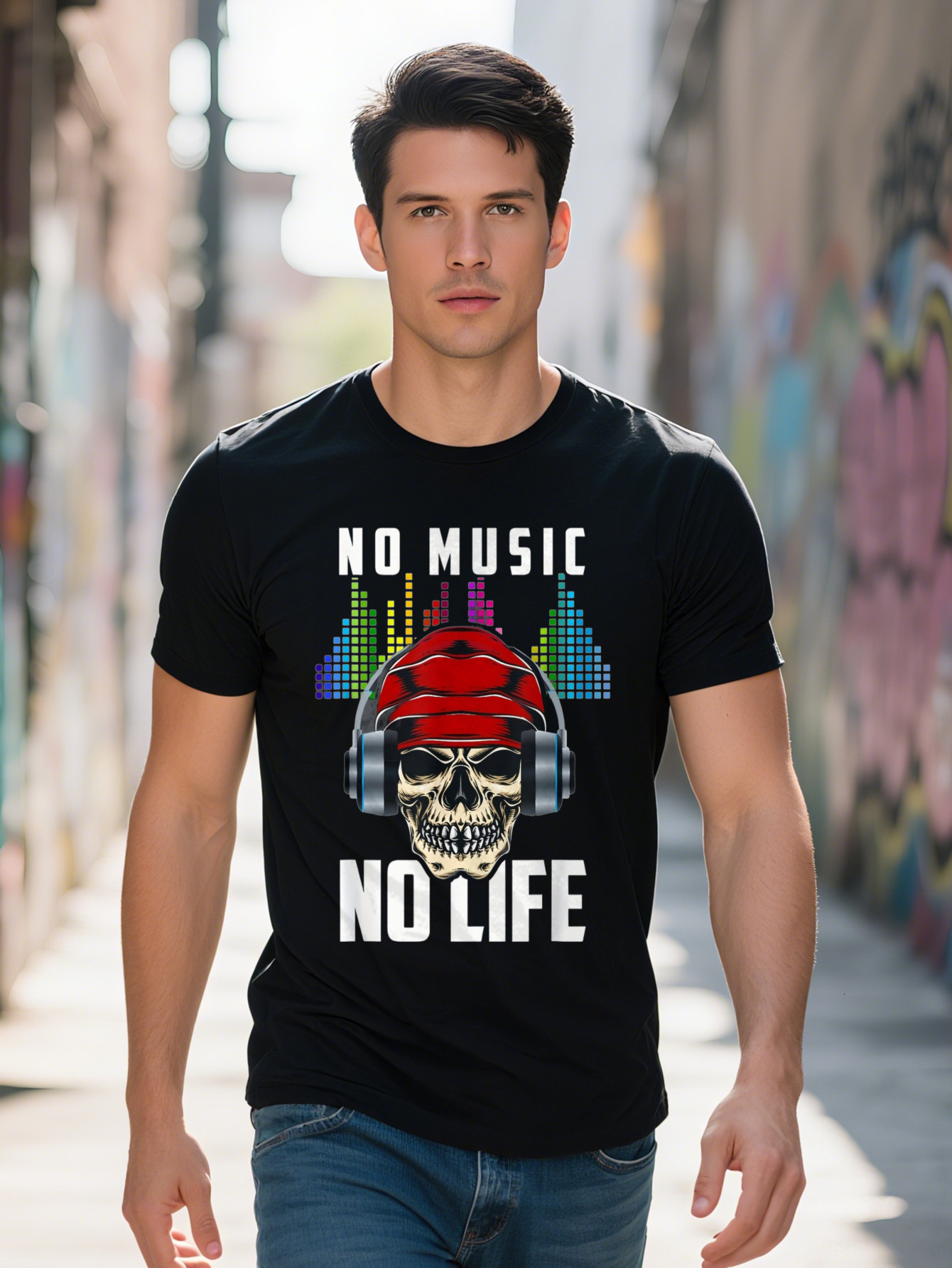 Men S shirt g Cotton Funny DJ Skull No Life Headphones Music Fans Gift T Shirt 12b97