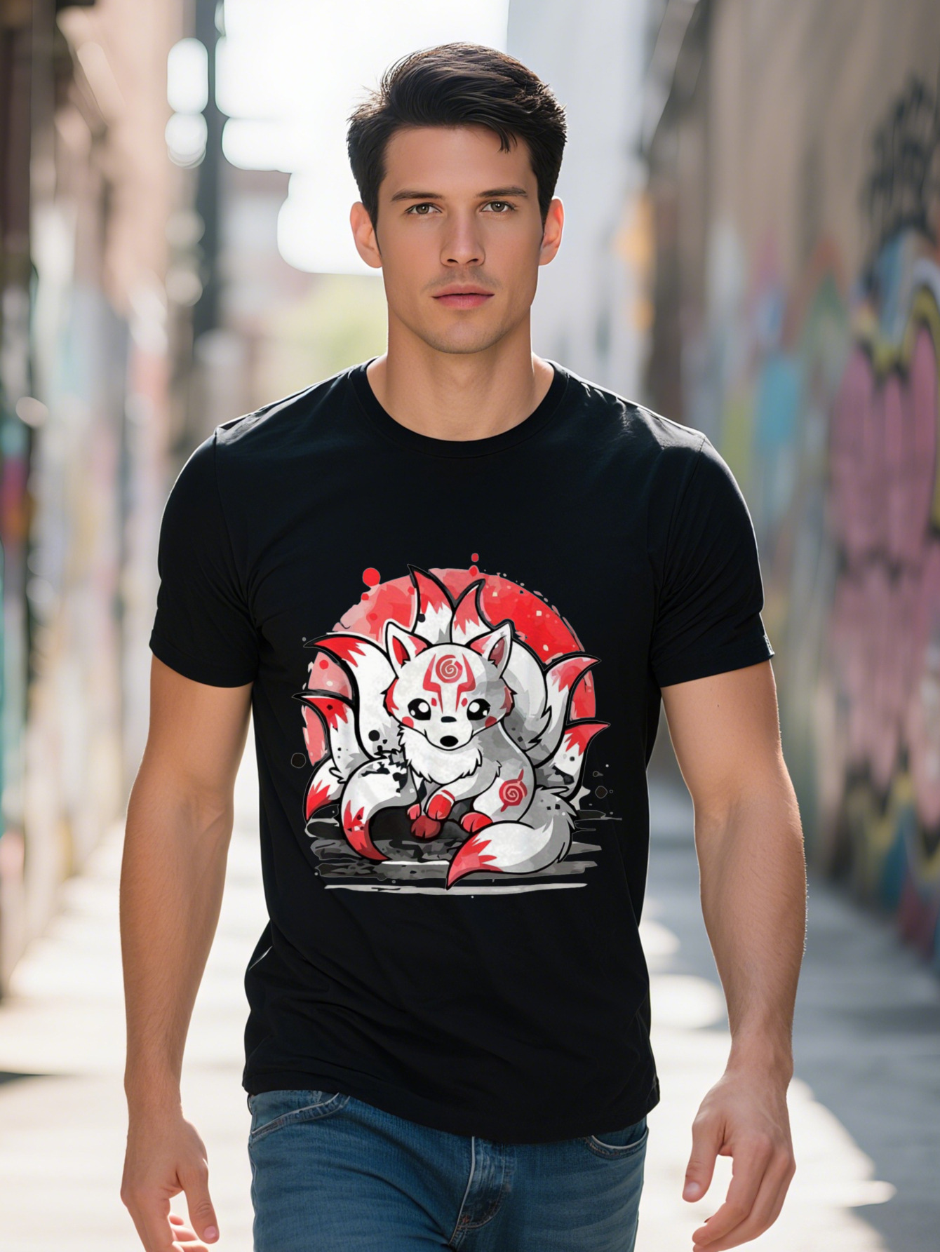 Men's Cotton T-Shirt Laughing Nine Tailed Kitsune Japanese Fox Design Black Tee Adults Short Sleeve