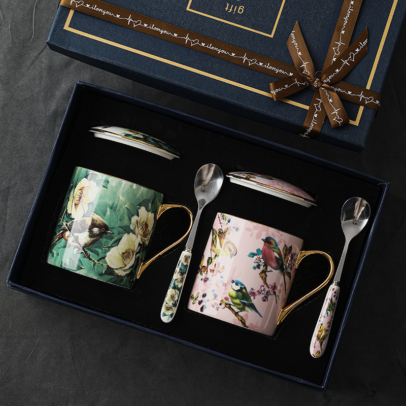Bone China Mugs Pair Gift Box with Lids Spoons Exquisite Cups for Coffee Tea Perfect Office Home Dining Outdoor Use Durable