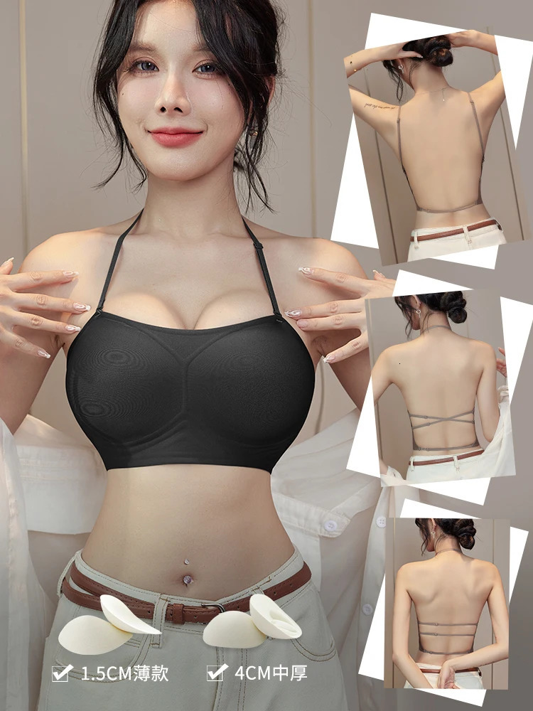 MOYISU Backless Bra Halter Neck UShape Deep Back Push Up Padded for Small Chest Sticky Adhesive Invisible Summer Strapless Bra 250724