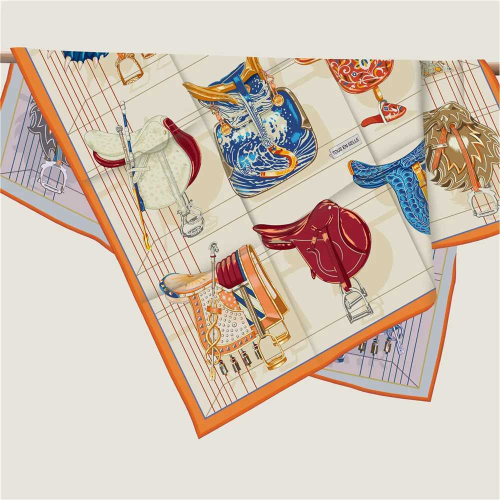 100% Curled Twill Silk Scarf Wen Saddle World Double Side Printed Square Scarves Wraps Scarves Foards Femme Hijab 90CM X250804