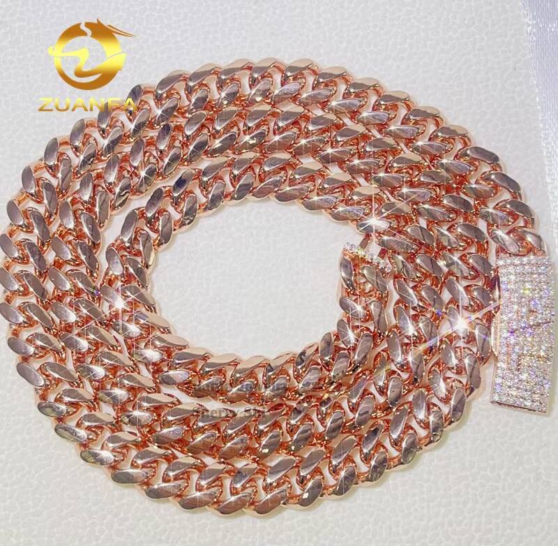 Zuanfa Jewelry Sterling Silver 925 Plain Cuban Necklace Iced Out 8MM Rose Gold Name Cuban Chain