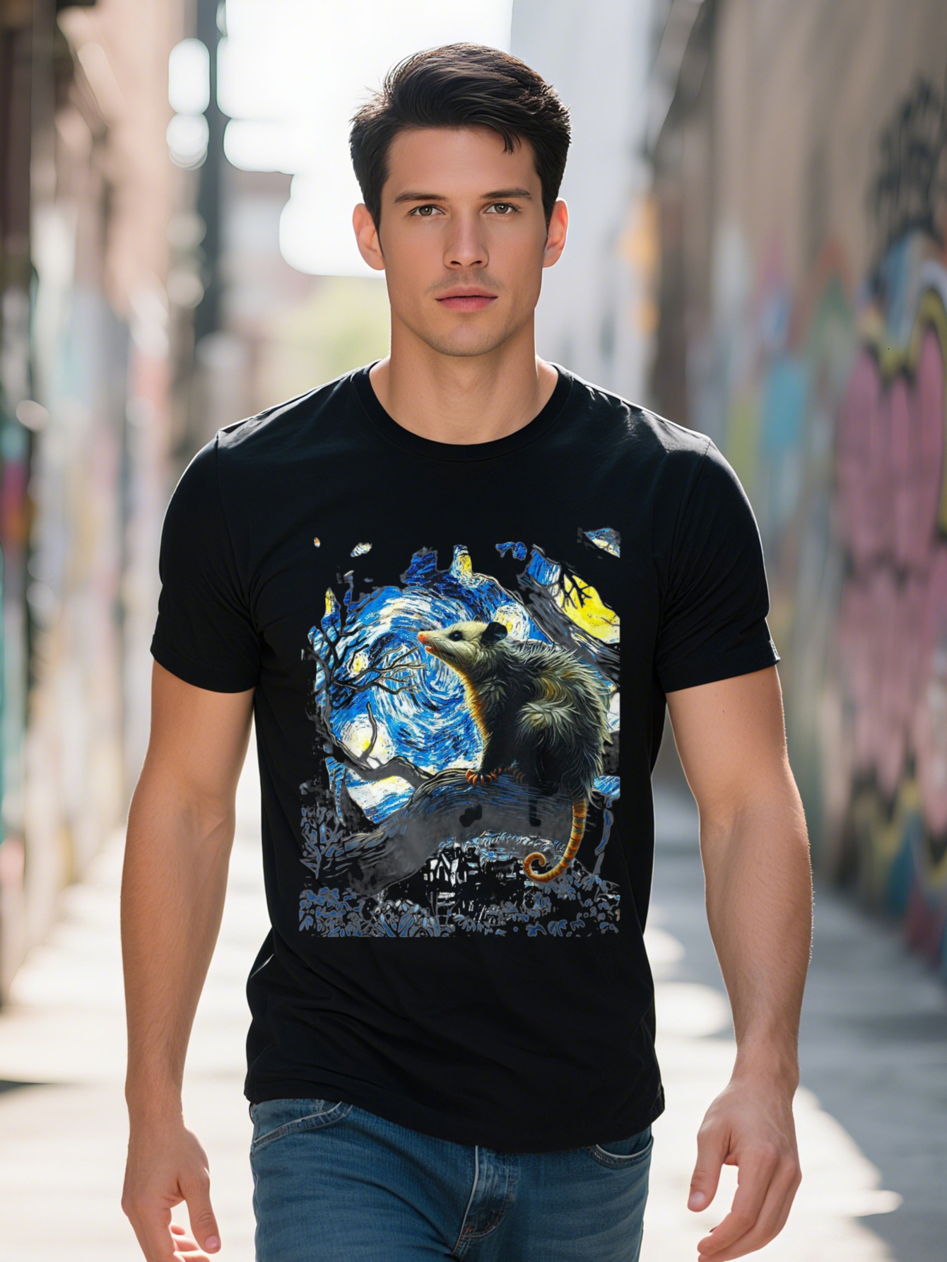Men s Retro Opossum Starry Night Graphic T Shirt Cotton Black Short Sleeve Tee with Vintage Van Gogh Art Design ffccb