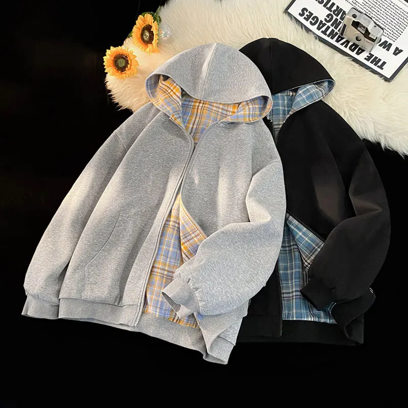 Reversible Sweatshirt Mens Hooded Cardigan Couple Model Hooded Sweatshirt Plaid Jacket 2025 Autumn Unisex Hoodies 250708