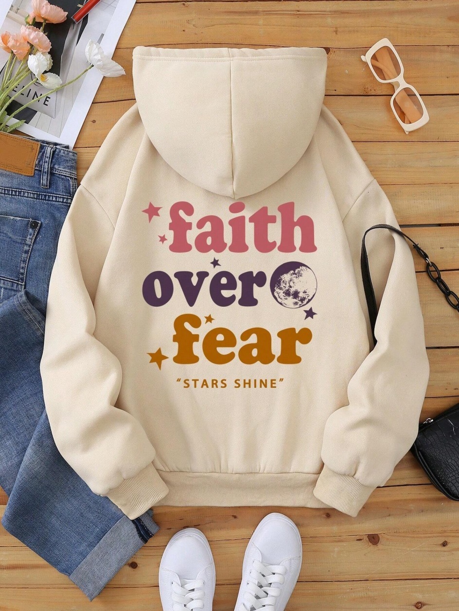Free shipping designer New Version European Size Women Drop Shoulder Sleeve Ribbed Faith Over Fear Fashion Sweatshirt Hoodie Print High quality clothi