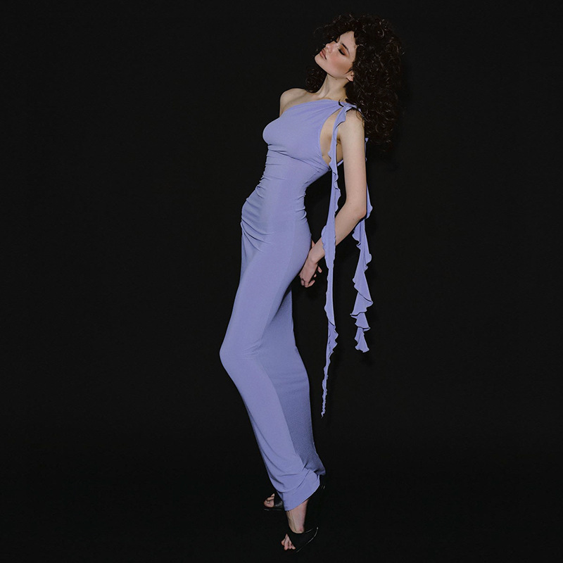 2025 European and American hot selling women's S shoulder sexy backless pure desire elegant tight high waisted satin trend collar dress women