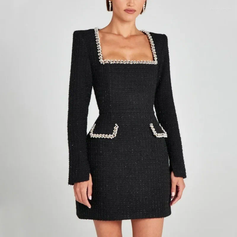 Elegant Long Sleeve Tweed Dress: Women's Retro Evening Gown, Square Neck Party Vestido C260312