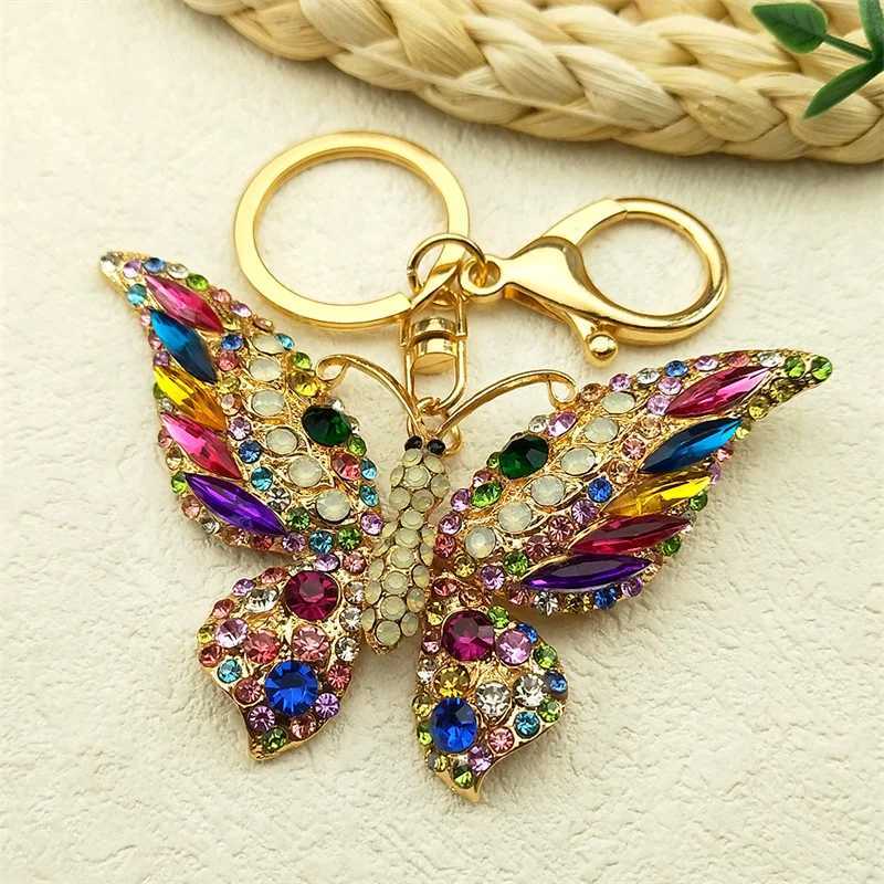 Colorful Rhinestone Butterfly Keychain Pendant Gold Color Metal Animal Insect Keyring for Women Girl Jewelry Gift Keychains G250802