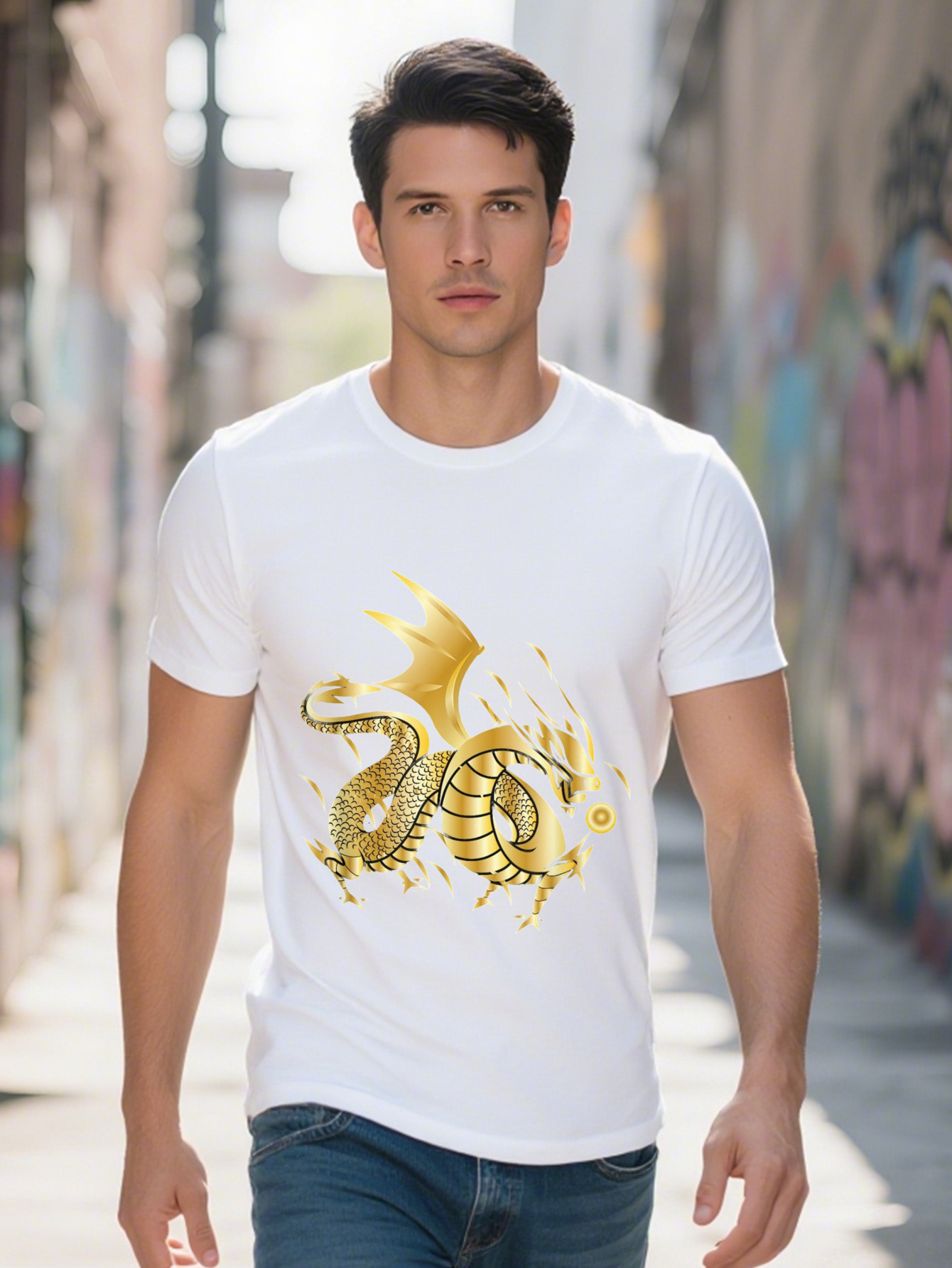 Men s Fearless Golden Graphic T Shirt Cotton Black with Striking Yellow Dragon Design Comfortable Fit Short 2e150