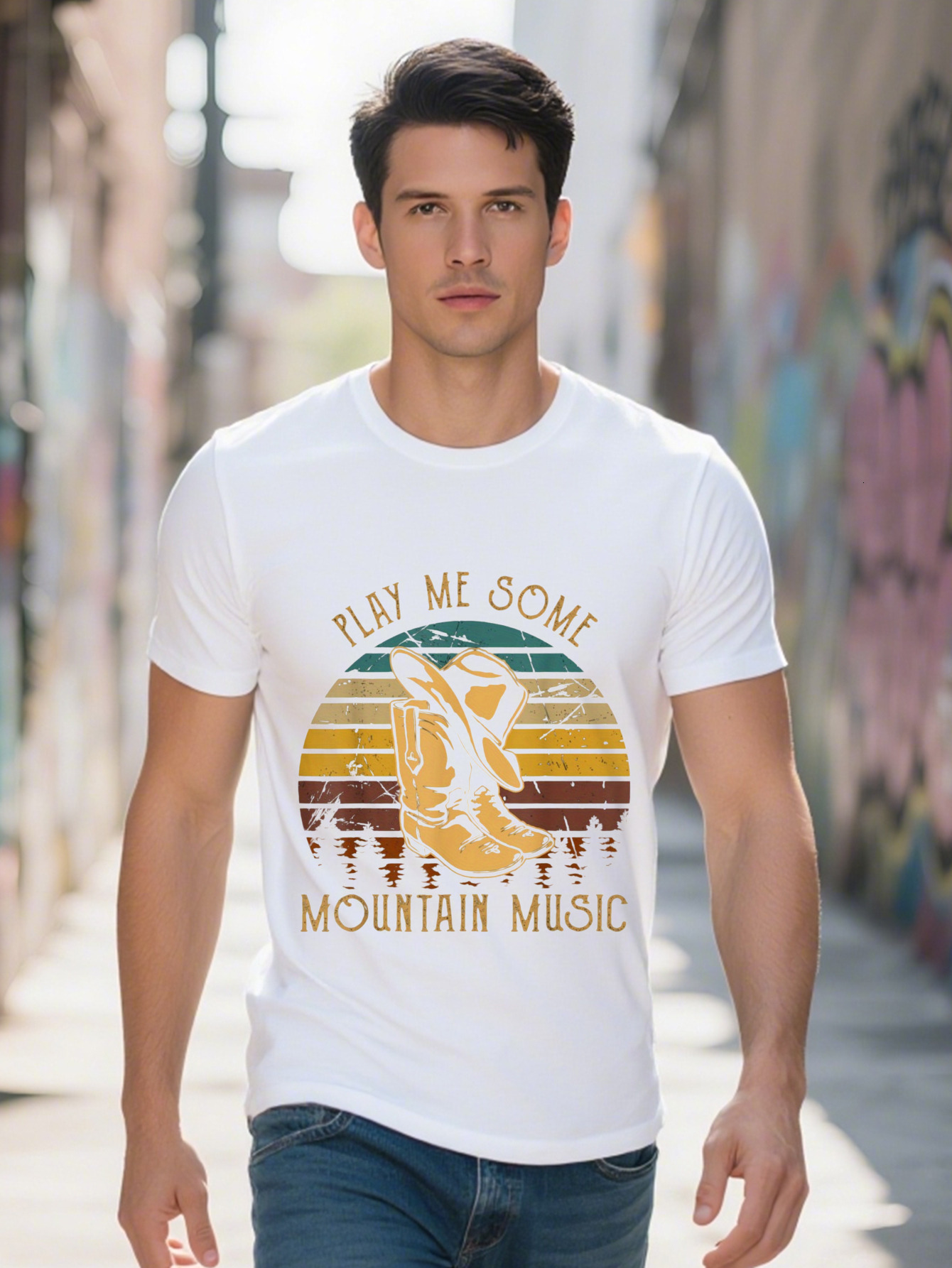 Men s Classic Boot T Shirt Play Me Some Mountain Music Cotton Short Sleeve Casual Western Style Black with