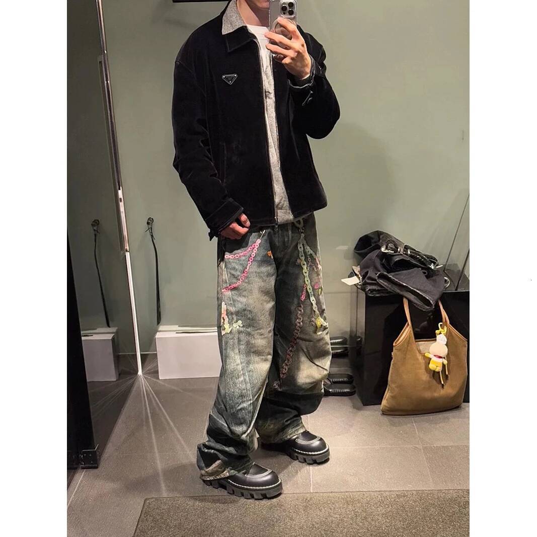 Street 3D Printed Candy Chain Denim Washed Baggy Fashion Curved Blade Harem Jeans Pants Men Y2k Wide Leg Trousers