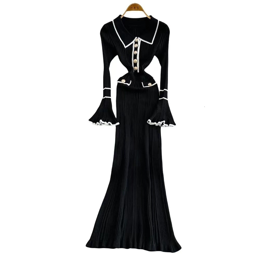 French Style Socialite Hot Girl Style Autumn Winter New Elegant Niche Long Collar Knitted Dress for Women 240824