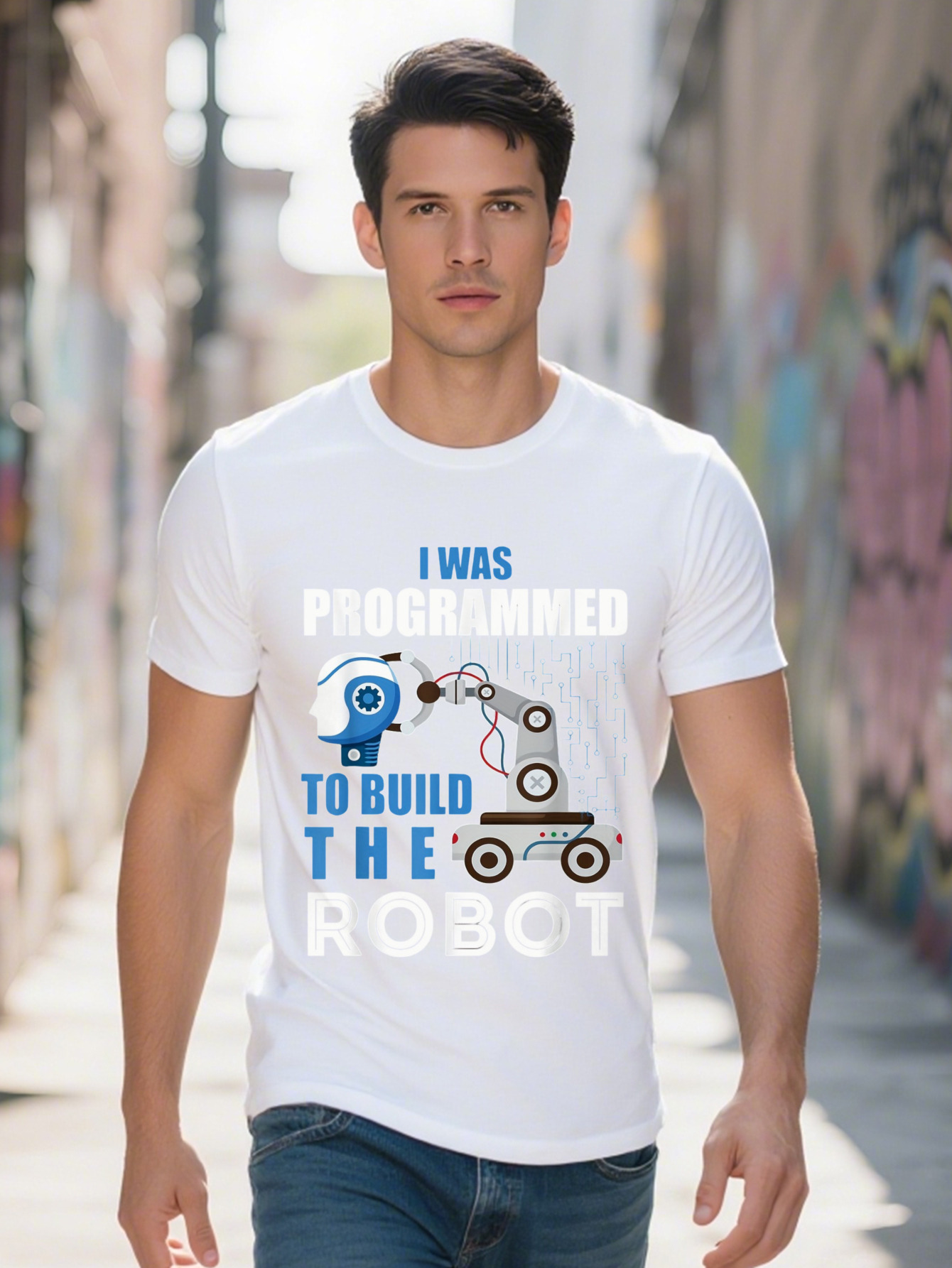 Men s Funny Robotics Engineer T Shirt I Was Programmed to Build the Robot Design Cotton Short Sleeve Black 9bb43