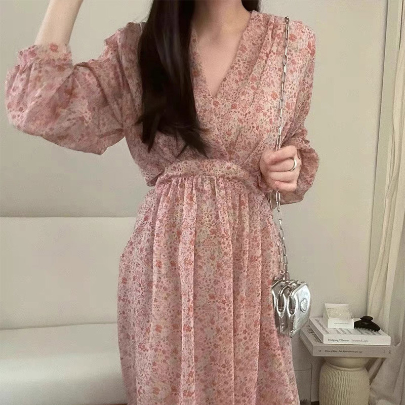 D52305 Long V-neck floral dress women's 2025 summer casual loose skirt